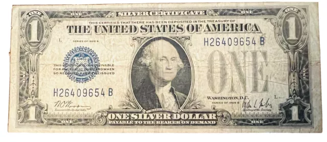 1928B Note Funny Back Silver Certificate VintageCirculated One Dollar Blue Seal