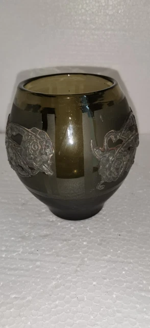 VASE 12cm ART DECO CLEAR SMOKED GLASS POLISHED TIN FLOWER DECOR,