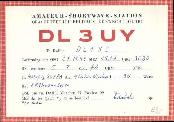 Ak QSL Karte, Funkerkarte DL3UY, Friedrich Feldhus, Edewecht in... - 2898865