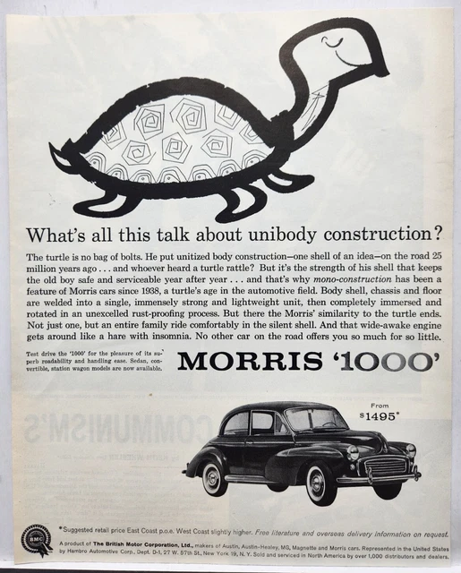 1960 Morris 1000 British Motor Corp Vintage Print Ad Poster Man Cave Art 60's