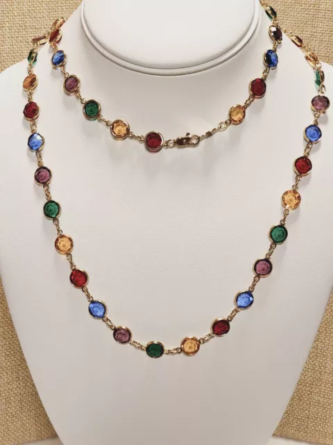 Austrian Crystal Signed Multicolored Crystal Bezel Set Necklace Gold Tone B-143