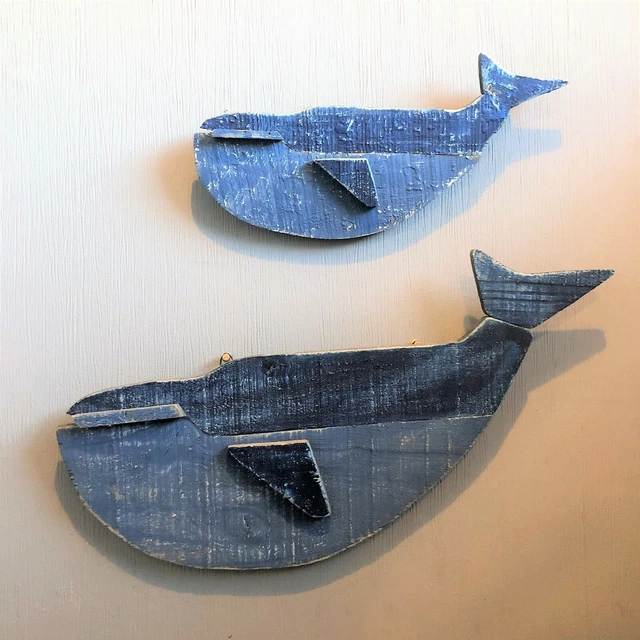 Paar dunkelblaue Wal handgefertigtes Holz Distressed Coastal Wandkunst 40 cm & 58 cm
