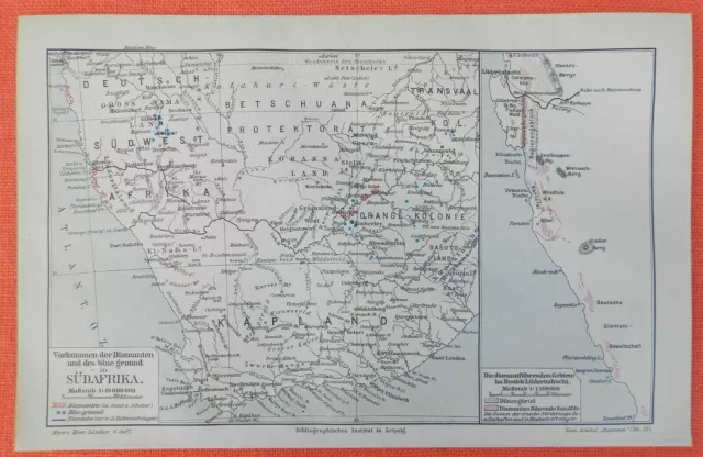 VORKOMMEN DER DIAMANTEN  DES BLUE GROUND IN SÜDAFRIKA Historische Landkarte 1910