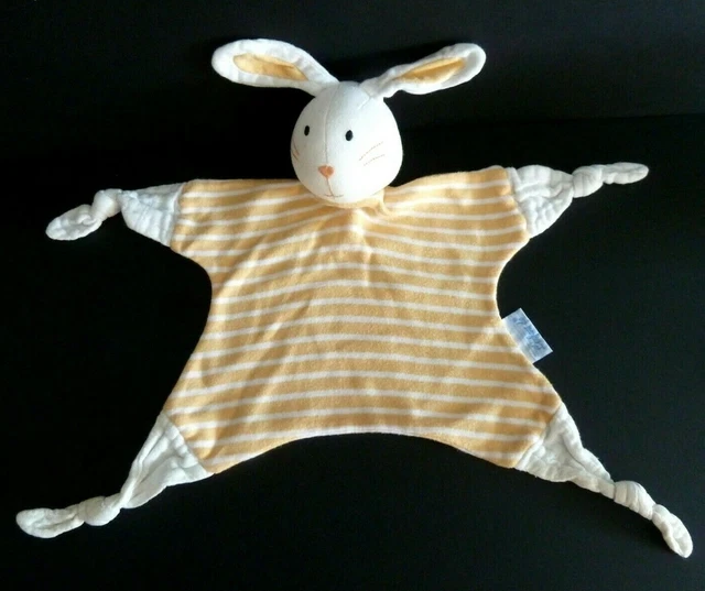 19- Doudou Plat L'enfant Do Lapin Orange Blanc Raye 4 Nouettes Lange Grelot Ttbe