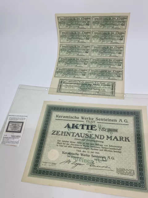 Orig. Aktie Keramische Werke Senteinen AG Tilsit Ostpreußen 1923 Gewinnanteil
