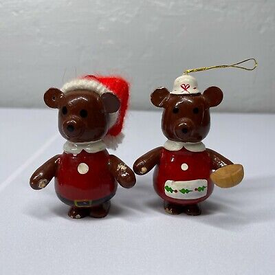 Vintage Wooden Santa Bear Mrs Claus Ornaments Holiday Christmas
