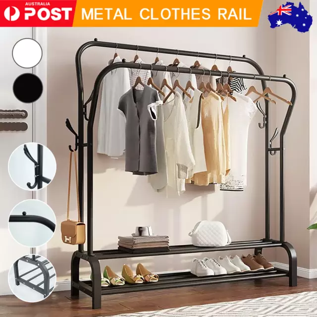 Heavy Duty Metal Double Clothes Rail Rack Garment Hanging Shoe Storage Shelf AU