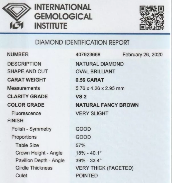 DIAMANTE 0,56 ct , NATURAL FANCY BROWN  VS 2  CERTIFICATO IGI 3