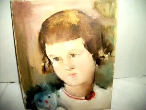 Primitive Naive Portrait Oil Painting Young Girl Rag Doll Wonderful Vintage
