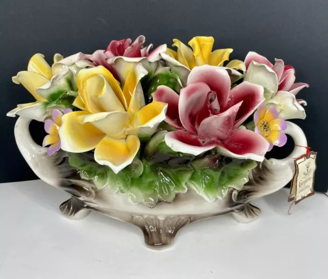 Vtg Capodimonte Nove Porcelain Flower Basket Centerpiece Italy Large 15” READ