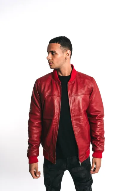 New Mens Soft Real Leather Bomber Jacket Vintage Biker Style in Black Red S-3XL