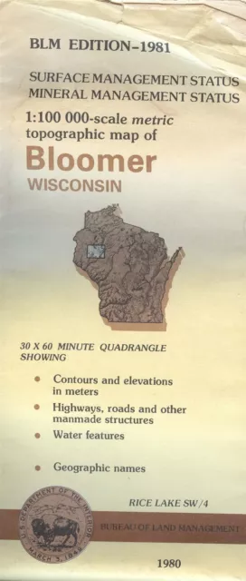 USGS BLM edition topo map Wisconsin -BLOOMER- 1981 RICE LAKE SW/4 mineral - 100K