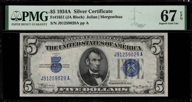 1934A $5 Silver Certificate FR-1651 JA Block - Graded PMG 67 EPQ - Superb Gem