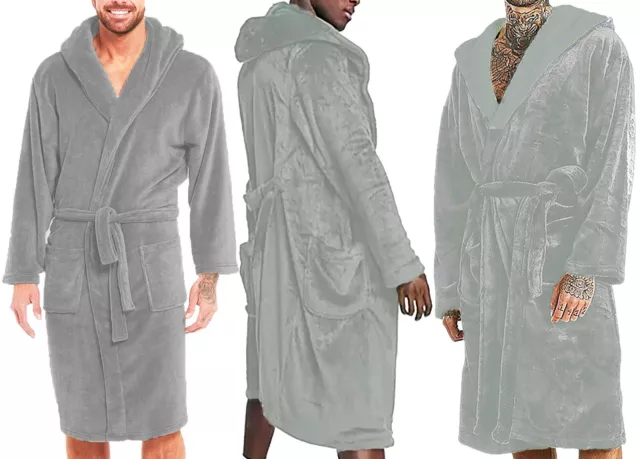 3XL Grey Soft Fleece Dressing Gown Hood Bath Robe Mens Gents Lads XXXL