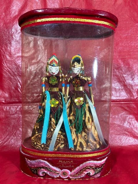 Red Wayang Golek Indonesian Rod Puppet Ramayana King Rama Queen Shinta In Case