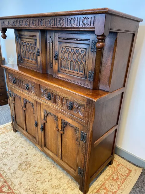 Vintage Old Charm Carved Court Cupboard/Storage Cupboard/Light Oak 1950s 2