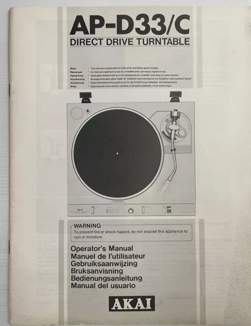 AKAI AP-D33/C Direct Drive Turntable Owner User Manual Operating Instructions