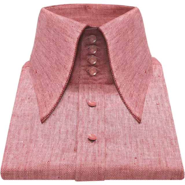 High Neck Long Spear Point Collar Red Herringbone Stripes Twill Dress Shirt Mens