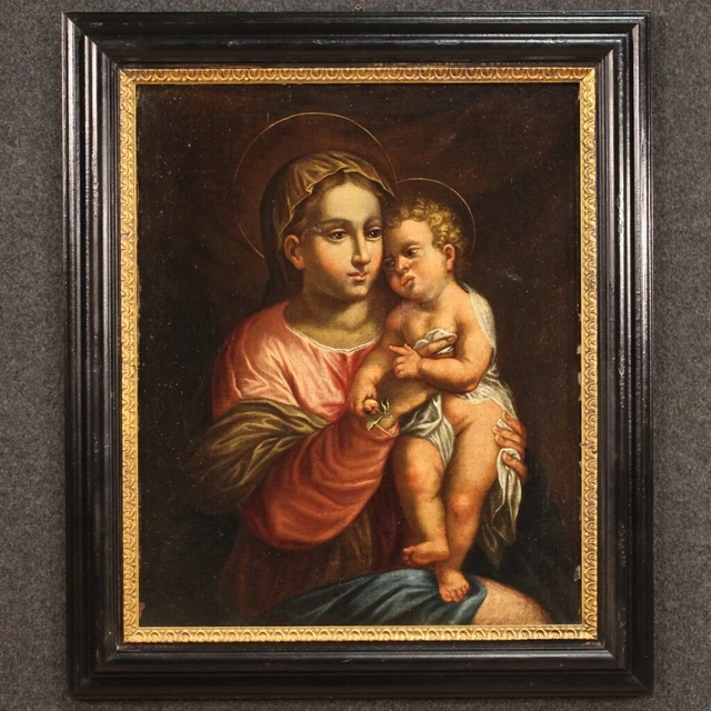 Cuadro antiguo Virgen con Nino pintura religioso oleo sobre lienzo XVII siglo