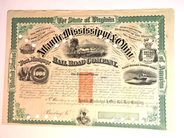 1871 Atlantic Mississippi  Confederate  Gen Mahone Signed  Railroad Railway Bond