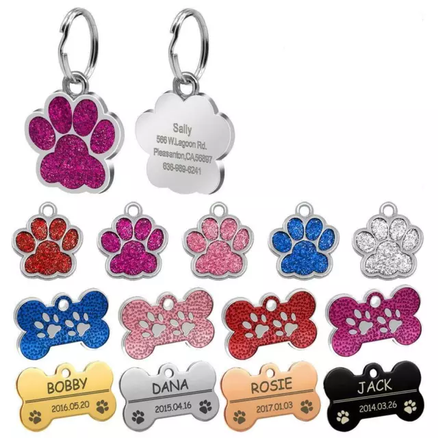 Etichette cane personalizzate incise gatto cucciolo animale domestico ID nome collare etichetta osso/zampa glitter