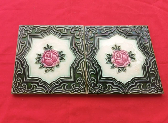 2 Piece Old Art Deco Flower Design Embossed Majolica Ceramic Tiles Japan 0167 2