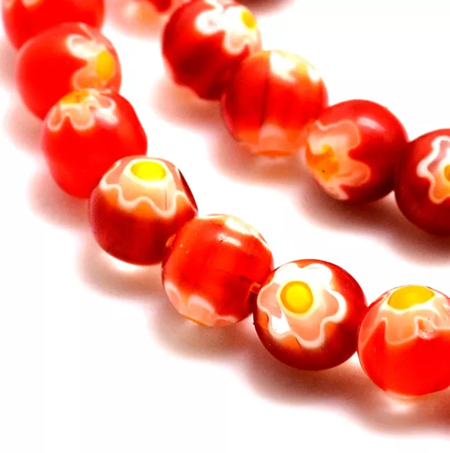 45+ Millefiori Red Flower Glass Beads - 8mm Approx - One Strand - P00436