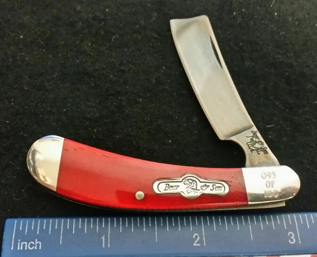 Bear & Son USA small razor knife, gun blue finish blade, smooth red bone  =