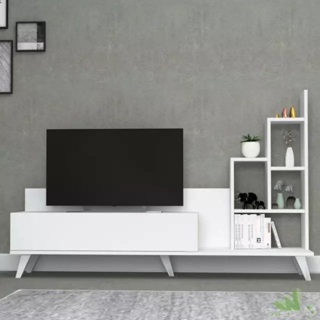 MOBILE PORTA TV 160x35xH 105CM PARETE ATTREZZATA CON LIBRERIA BIANCO SALOTTO