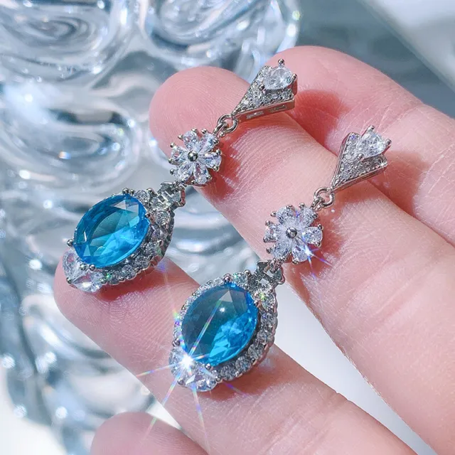 925 Sterling Silver Filled Blue Zircon Stud Earrings Women Wedding Party Jewelry