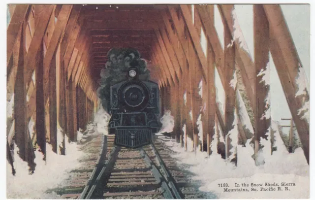 Postcard Southern Pacific RR Locomotive In Snow Sheds, Sierra Mountains