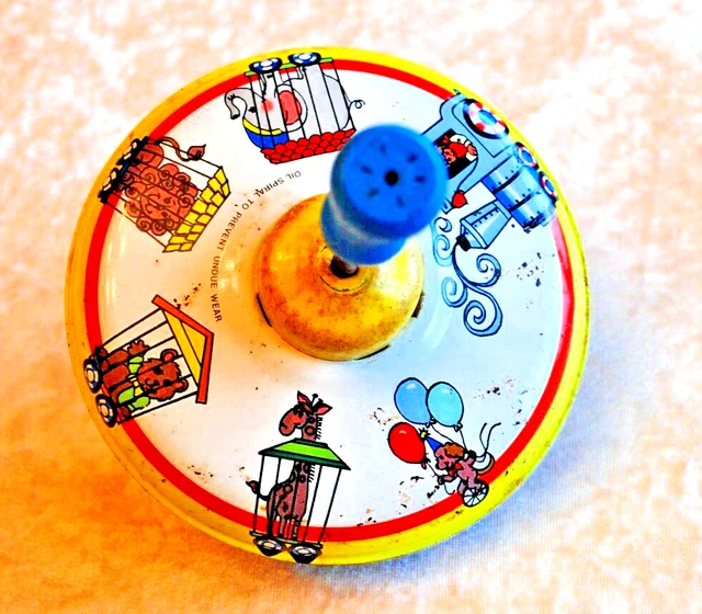 Vintage Ohio Art Tin Spinning Top Childs Toy Circus Train Theme Wood Handle Vintage Ohio Art Tin Spinning Top Childs Toy Circus Train Theme Wood Handle