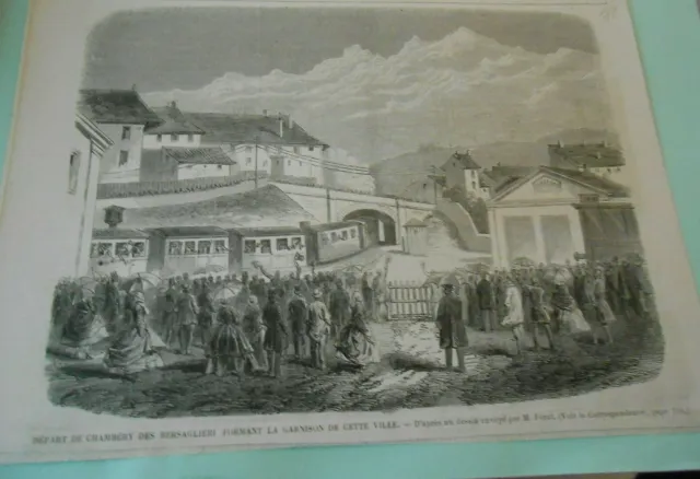1860 engraving - departure from Chambéry des Bersaglieri forming garrison of the city