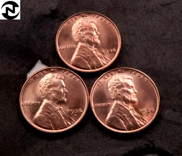 1936+1936-D+1936-S Lincoln Wheat Penny Cent Set/Lot ~ Gem BU (red) ~ 3 Coins