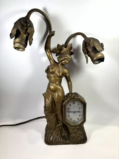 Antique Art Nouveau Schadow & Son Clock With Figural Lady Lamp