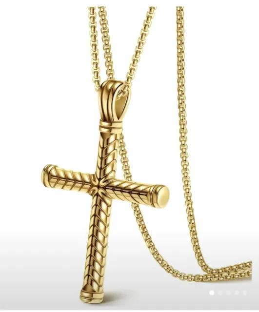 Men's Golden Stainless Steel Arrowhead Smudged Cross Bottom Opening Necklace 24”