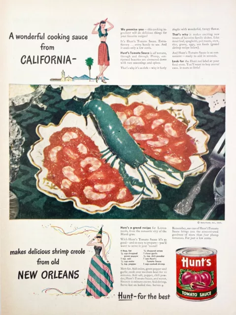 1947 Hunt's Tomato Sauce Cocktail Shrimp Kitschy Food Art Vintage Print Ad