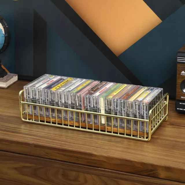 Retro Cassette Tape Storage Rack w/ Brass Metal Wire Frame & Burnt Wood Base