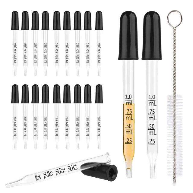 24 Pipettes En Verre Graduées 1ml - Avec Brosses & Embout Caoutchouc - Pour Huiles Ou Labo
