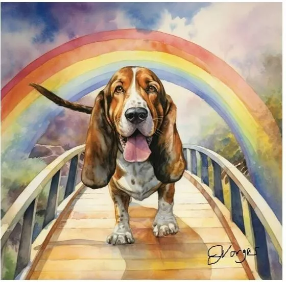 Watercolor Basset Hound Rainbow Bridge Painting Art Print 8x11 inch