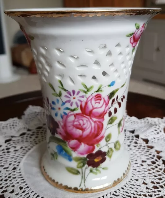 Vintage T.limoges Porcelain Handpainted & Gilded Pierced Vase