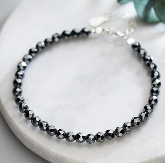 4mm Hematite Gemstone Mala Elasticity Bracelet 7.5 inches Bless Bead Meditation