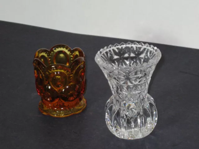 Toothpick Holder Moon & Star Amber Glass and  3" Clear Crystal Rose Vase VINTAGE 2