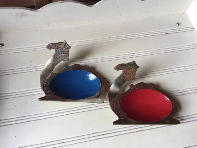 2 Made In Israel 1 Blue 1 Red Enamel Brass Color Camel Ashtrays Jerusalem Hakuli