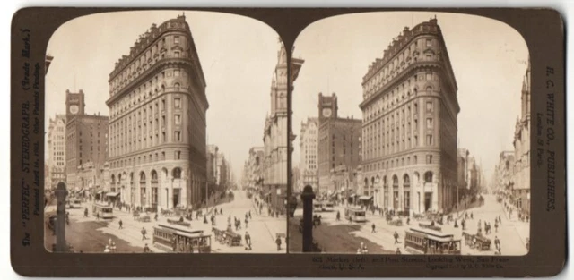 Stereo-Fotografie H.C. White Co, London, Ansicht San Francisco, Market & Postst