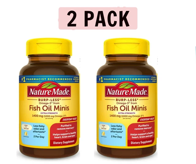2 PACK NATURE Made Extra Strength Burp Less Omega 3 Fish Oil