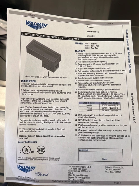 Vollrath 2 Pan Refrigerated Short Side Cold Pan Drop In Model 36653