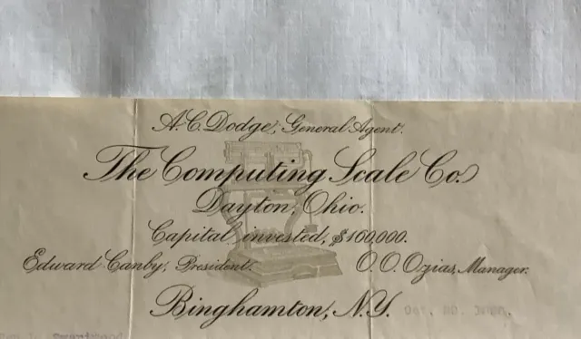 LETTER HEAD Dayton OH, Binghampton NY COMPUTING SCALE COMPANY 1896 RARE