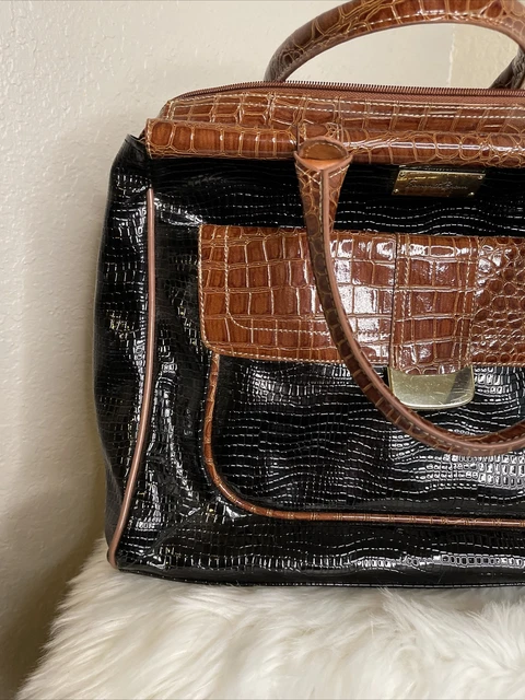 NEW Samantha Dowel Travel Bag Croc Embossed Black & Brown No Shoulder Strap 2