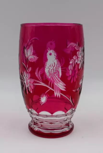 Val Saint Lambert Cranberry Cut to Clear Glass Vase/Tumbler W/ Birds, Circa 1960